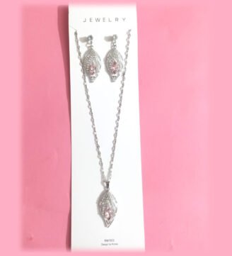 Brand New Blush Leaf Jewelry Set – Pink Stone Pendant & Earrings in 925 Silver - pid 132