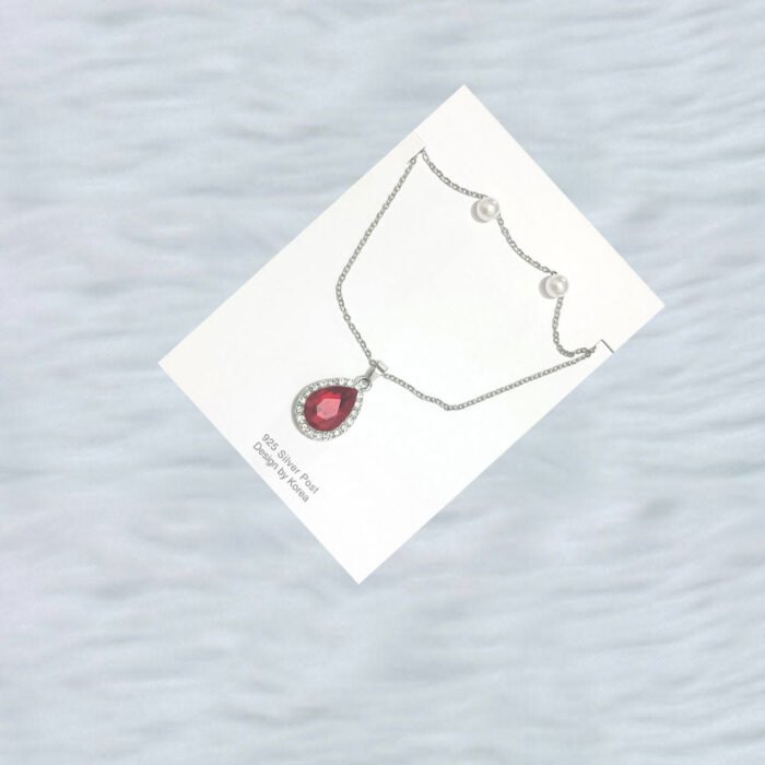 Brand New Red Teardrop Necklace Set – Gemstone Pendant with Matching Pearl Earrings