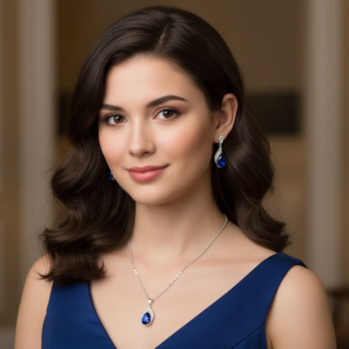 Brand-New-Blue-Crystal-Teardrop-Necklace-&-Earring Brand New Blue Teardrop Jewelry Set – Gemstone Pendant Necklace with Matching Dangle Earrings