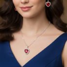 Brand New Red Heart Gem Jewelry Set – Silver-Tone Necklace & Drop Earrings