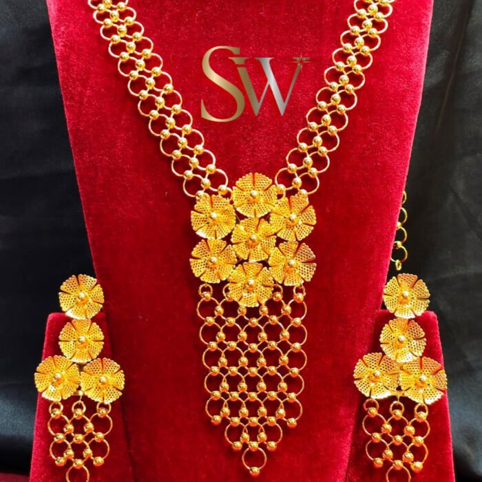 Dubai Gold Polish Floral Necklace & Earrings Jewelry Set