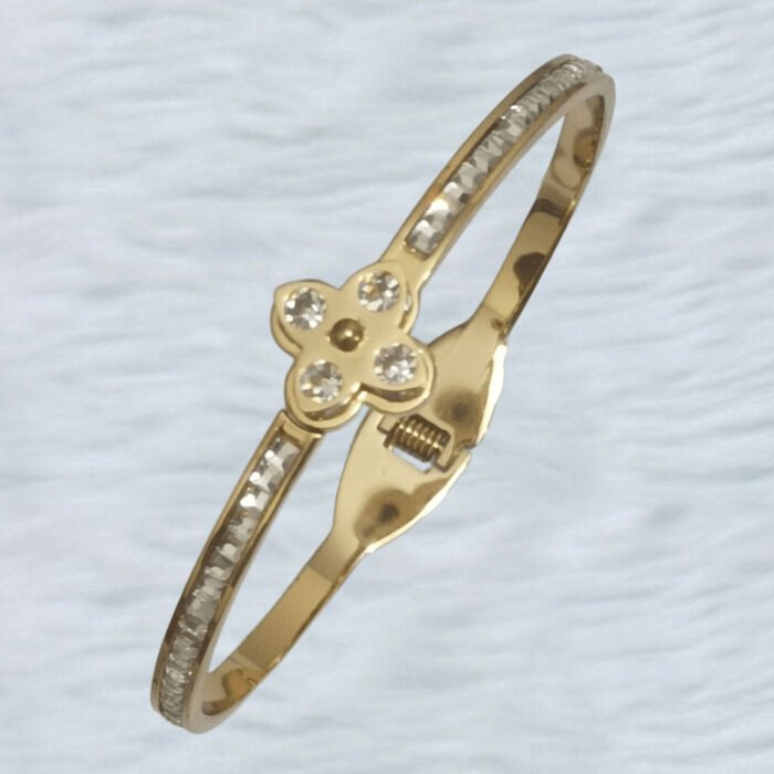 Elegant Gold-Plated Stainless Steel CZ Bracelet with Floral Lock Design