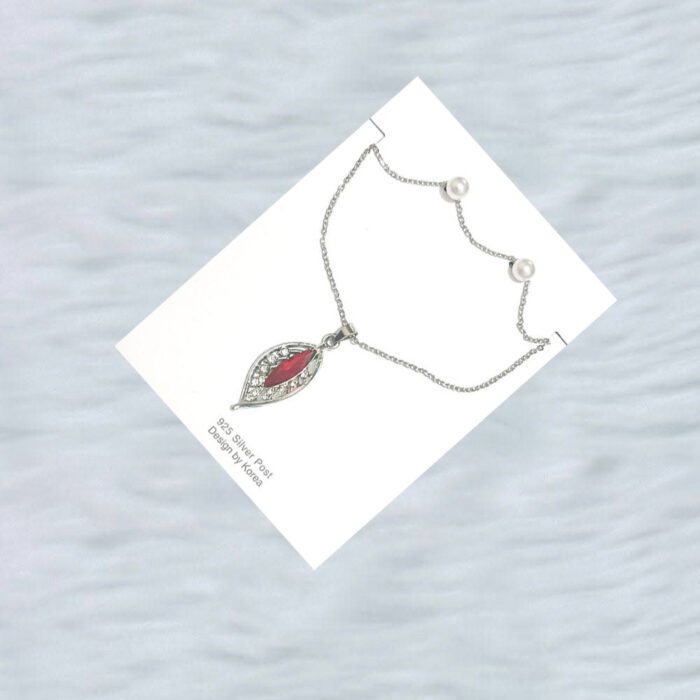 Brand New Gold Teardrop Necklace – Red Gemstone Pendant with Pearl Accents