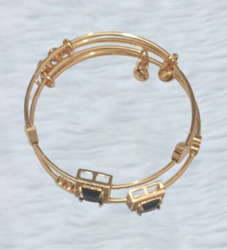 Black Stone Geometric Gold Bangles – Triple Band Design with Charms