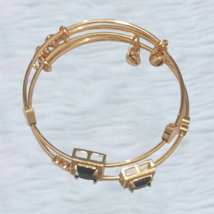 Black Stone Geometric Gold Bangles – Triple Band Design with Charms