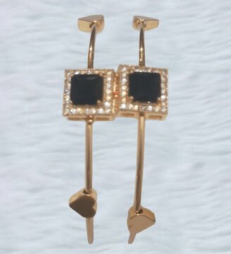 Black Stone Geometric Gold Bangles – Triple Band Design with Charms