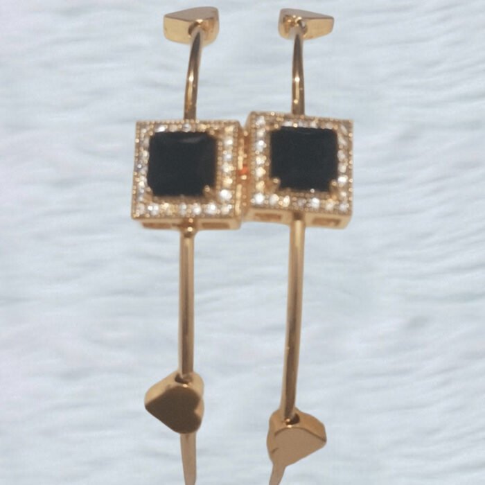 Black Stone Geometric Gold Bangles – Triple Band Design with Charms