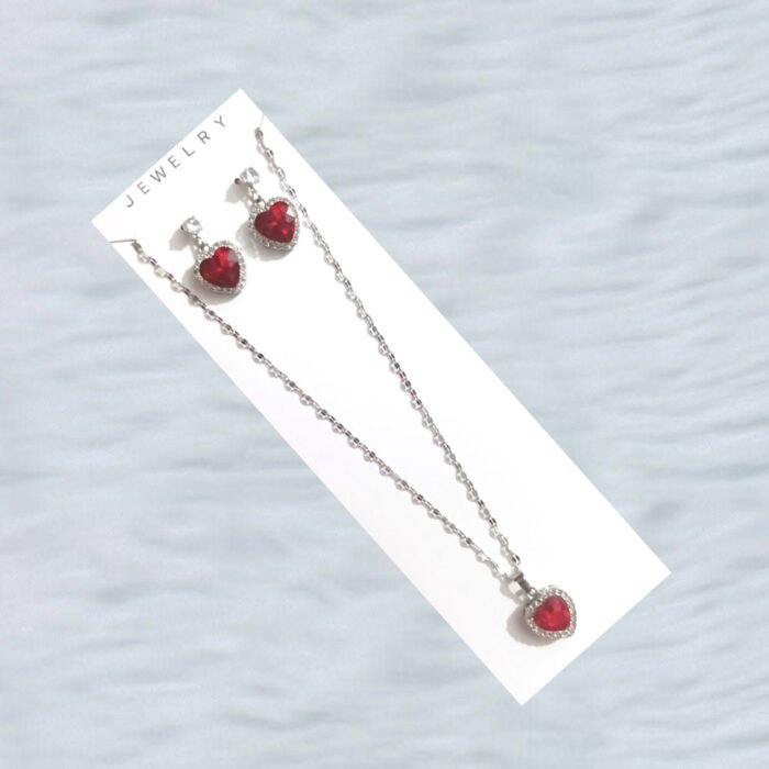Brand New Red Heart Gem Jewelry Set – Silver-Tone Necklace & Drop Earrings